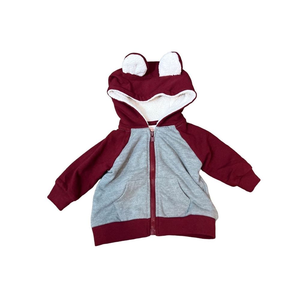 Baby boy Bear jacket zip up 0-3 months burgundy fleece lined hood.